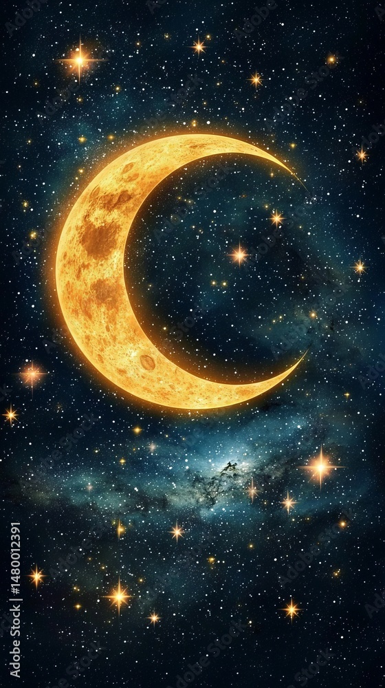 Naklejka premium Space galaxy hidden. A glowing crescent moon surrounded by sparkling stars in a deep, starry night sky.