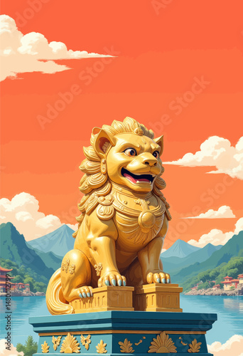 Golden Guardian Lion Statue Sunset Lakeside Serenity