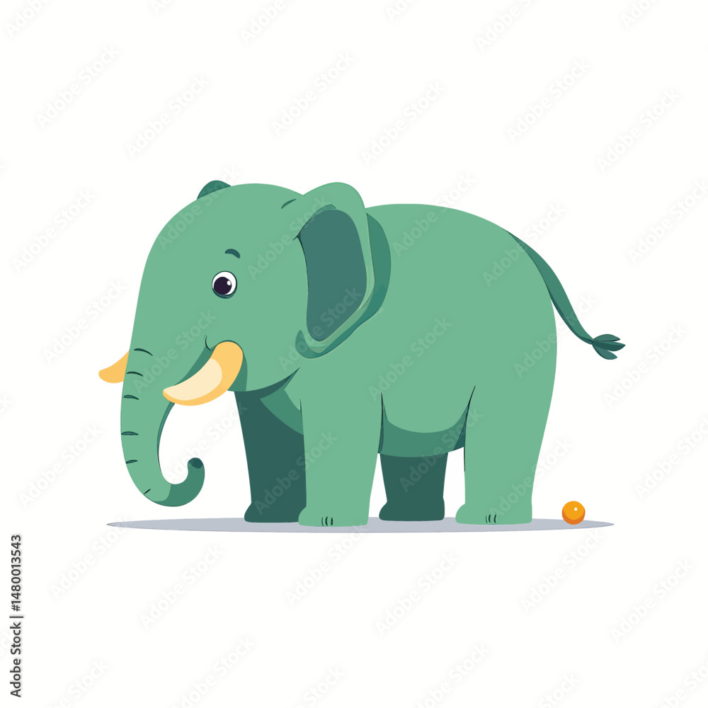 Fototapeta premium Green Elephant Playing with Orange Ball in Minimalistic Style