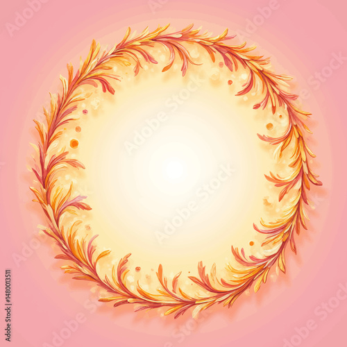 Golden Floral Wreath on Pink Background with Sparkles