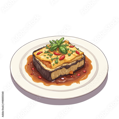 Gourmet Eggplant Parmesan with Sauce and Garnish on Plate