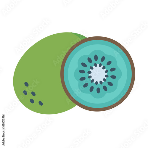 Kiwi fruit illustration with whole and sliced piece in modern flat style
