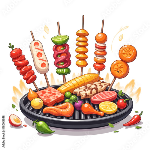 Grilled Delights: Skewers, Veggies, and Meat on BBQ Grill