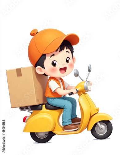 Happy Delivery Boy on Yellow Scooter with Brown Box