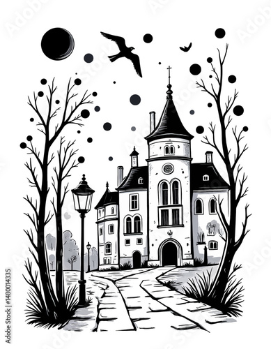 Haunted Gothic Castle in Snowy Night with Flying Crows