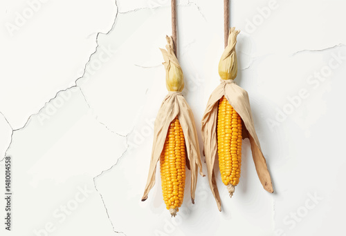 Hanging Corn on Marble Wall, Autumn Harvest, Minimalist, White Background, Natural Beauty