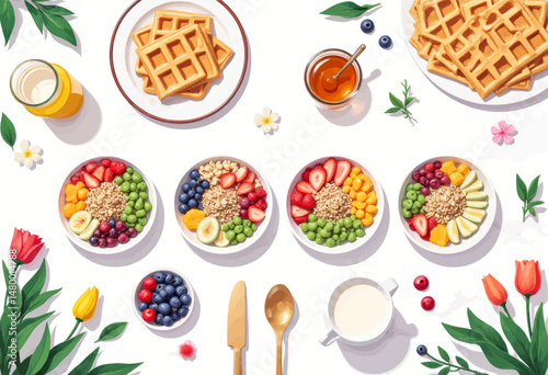 Healthy Breakfast Spread with Waffles and Fruits in Springtime