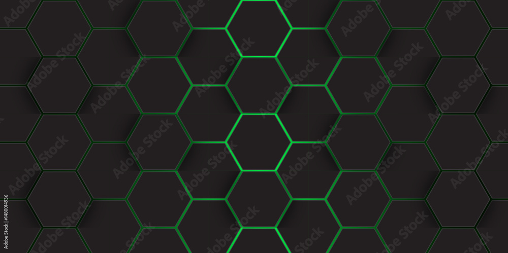Fototapeta premium Abstract Futuristic green glowing hexagonal pattern on dark background. abstract technology design with dark hexagon.