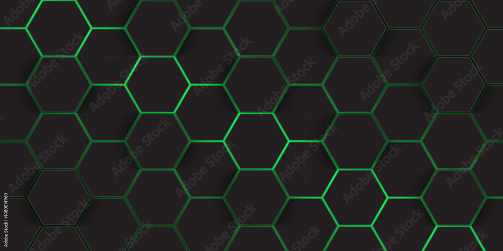 Fototapeta premium Abstract Futuristic green glowing hexagonal pattern on dark background. abstract technology design with dark hexagon.