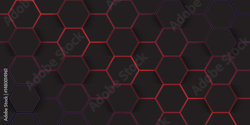 Abstract Dark Hexagonal Tech Background with red glowing. Abstract Futuristic Design with hexagon pattern.
