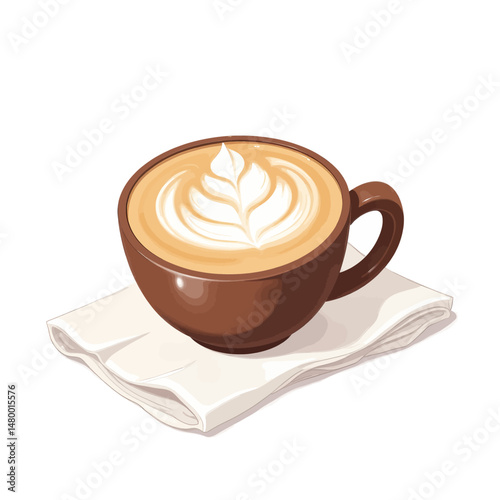 Latte Art in Brown Mug on Napkin, Cozy Morning Coffee, Serene Moment