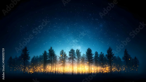 Starry Night Forest Landscape With Glowing Lights