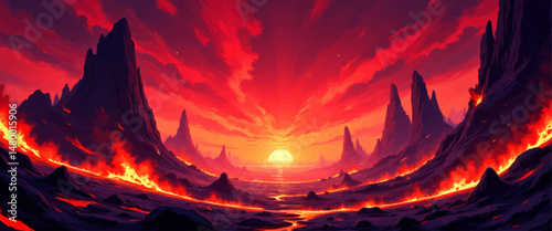 Lava Sunset Over Volcanic Peaks with Dramatic Clouds