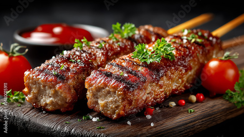 Savor the flavor of delicious shish kebab with fresh tomatoes and sauce