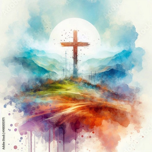 Watercolor illustration of a Christian cross on a hill. AI generated illustration