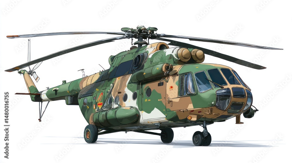 Fototapeta premium Military Helicopter: A Detailed Illustration of a Camouflaged Rotorcraft
