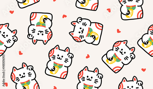 Cute maneki neko lucky cat pattern background vector design