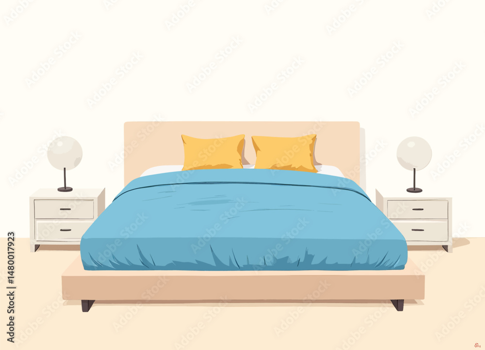 Minimalist Bedroom Serenity Blue Bedding Yellow Pillows Modern Nightstands Minimalist Bedroom Serenity Blue Bedding Yellow Pillows Modern Nightstands