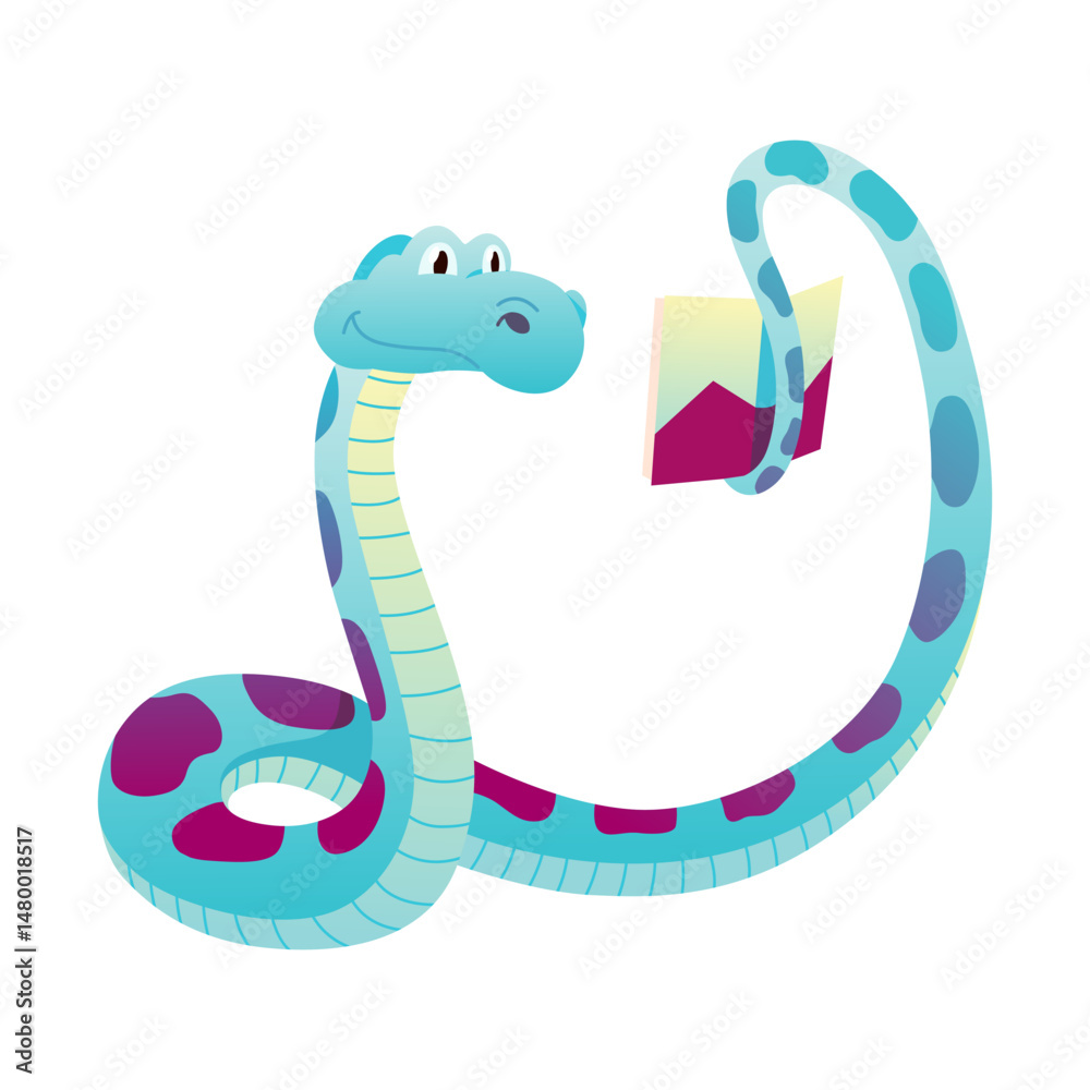 Fototapeta premium Animal reading book and studying, cute baby boa. Kid character reading book. Cartoon symbol for school education and library. Vector illustration for children