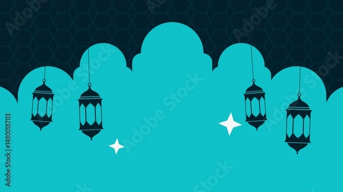 Animation ramadan eid celebration islamic minar banner poster background design with islamic lantern light