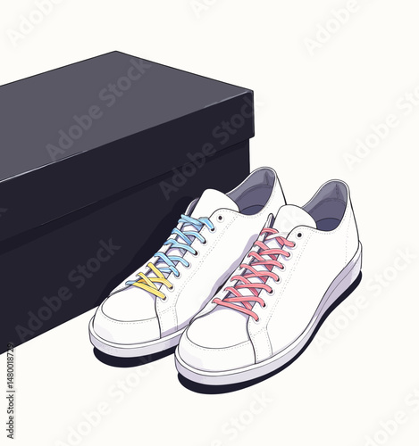 Minimalistic White Sneakers with Rainbow Laces Beside Black Box