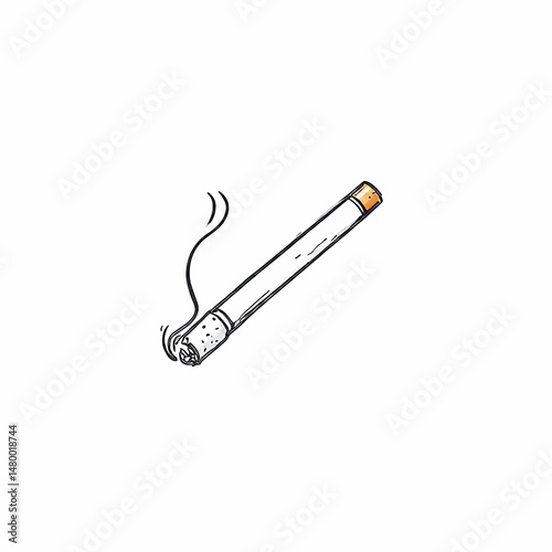 Minimalistic smoking cigarette in white background with smoke curling
