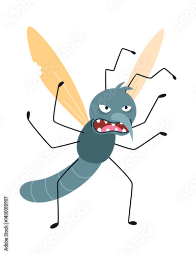 Cartoon mosquito, funny character. Bloodsucker insect, color flat icon. Cute mosquito isolated vector illustration