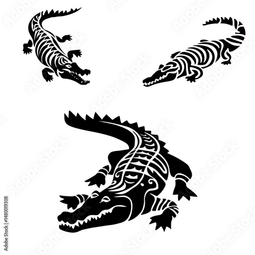 Crocodile or alligator silhouettes. Vector set of sketches in style tribal tattoo