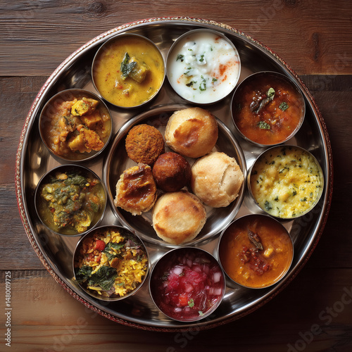 traditional Indian thali with multiple dishes in small bowls