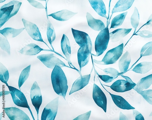Soft, light blue leaves on a white fabric. Delicate watercolor-like design with varying shades of teal.  Fabric texture is visible