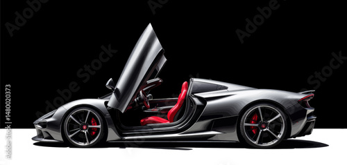 Modern Luxury Car with Red Interiors and Scissor Doors on Black Background