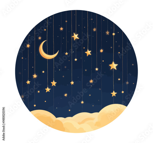 Night Sky with Crescent Moon and Stars Over Golden Clouds