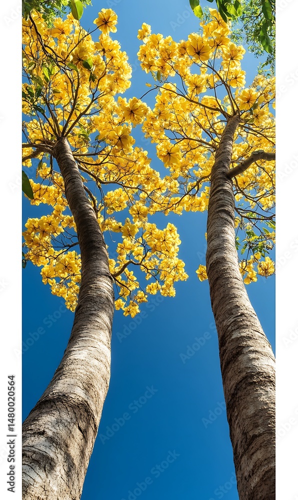 Fototapeta premium Looking up at the yellow flowering trumpet trees under the bright blue sky