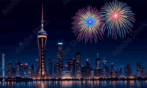 Night Skyline Celebration: City Lights, Tower, Fireworks Reflection