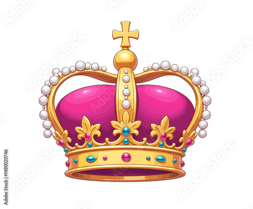 Opulent Regal Crown with Jewels and Pearls in Royal Purple and Gold