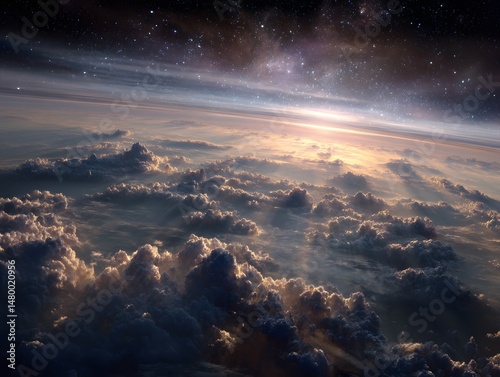 A third view of Earth from space during sunrise or sunset, showcasing the planet's clouds and the glow of the sun, symbolizing the start or end of a day on a global scale.