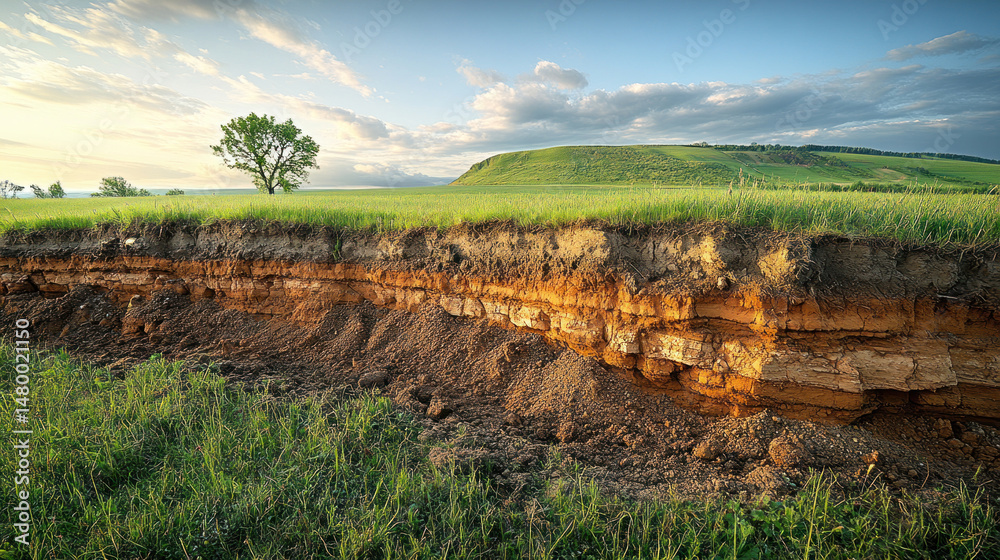 Naklejka premium Cross-section image showing clear soil layers in farmland: topsoil, subsoil, and bedrock