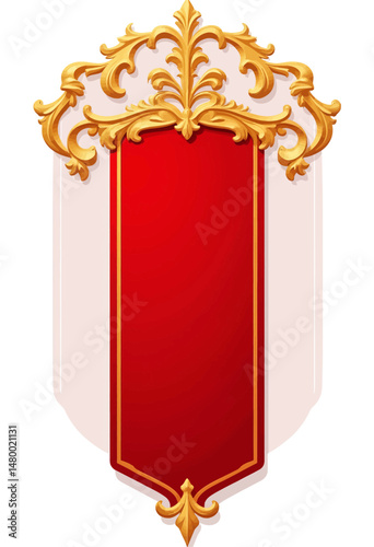 Ornate Shield with Red Background and Gold Scrollwork