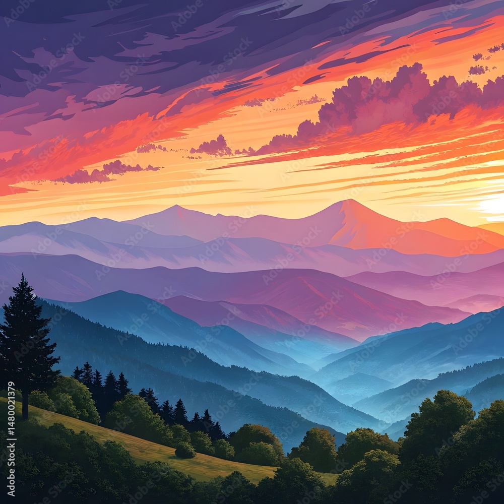 Fototapeta premium colorful sunset mountain landscape,layered 