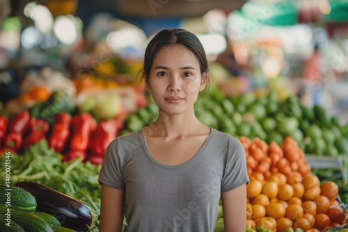 Young woman greengrocer posing in her store at the fresh produce market