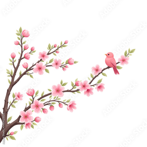 Pink Bird on Cherry Blossom Branch Spring Serenity
