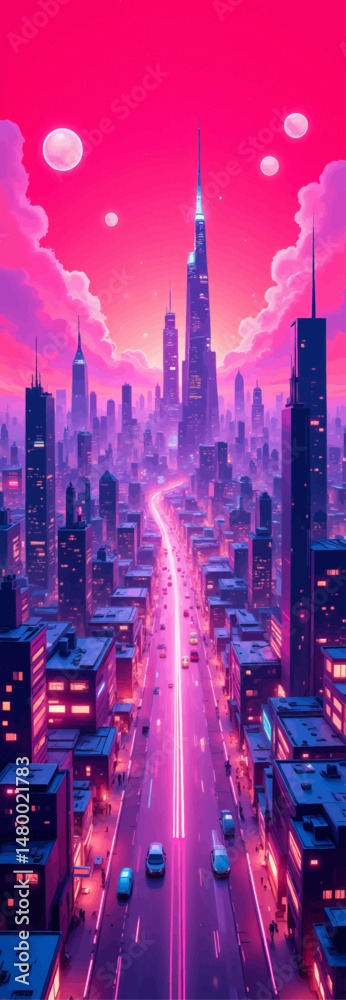 Obraz premium Pink Neon Cityscape at Dusk with Moonlit Skies