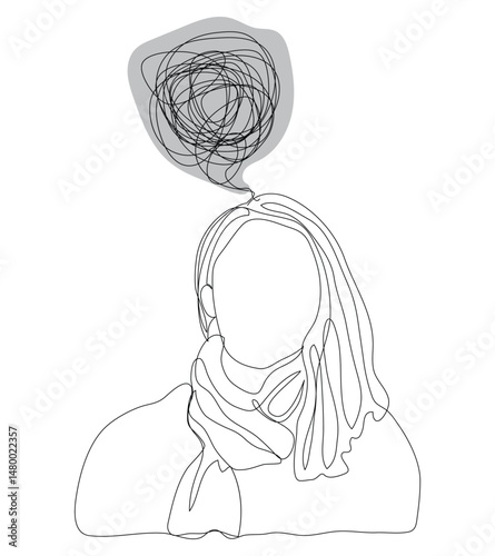 Sketch problem concept minimal woman emotion stress headache drawing line art.Female unhappy depress hand drawn continuous line concept with white ioslated background.Abstract,vector,illustration.