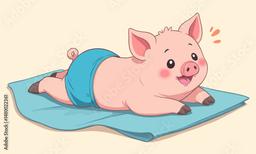 Relaxing Pig on Blue Mat in Yoga Pose