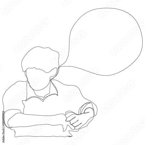 Sketch minimal concept man say think chat box drawing line art. Male boy think idea comment hand drawn continuous line concept white ioslated background. Abstract,vector,illustration.