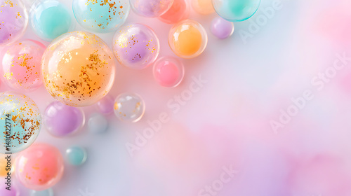 Colorful bubbles with glitter floating against a soft pastel background, creating a dreamy and whimsical atmosphere for creative projects. Selective focus