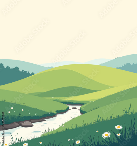 Serene Hills River Valley Green Meadows Daisies