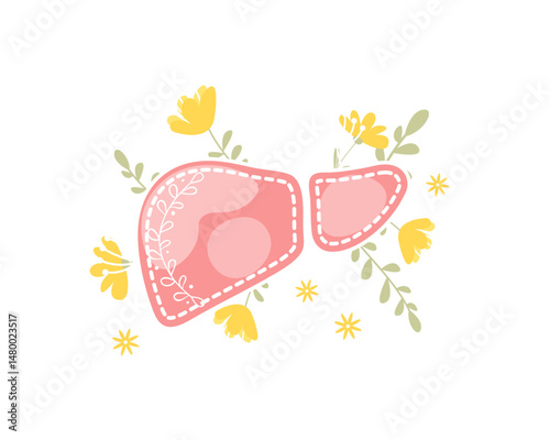 Healthy human liver with flowers and leaves. Vector illustration isolated on white background. Hand drawn flat cartoon style. Floral liver