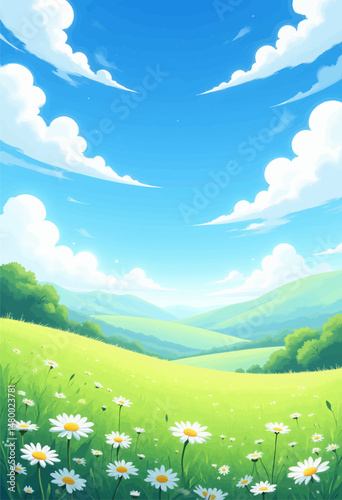 Serene Meadow Daisies Under Blue Sky