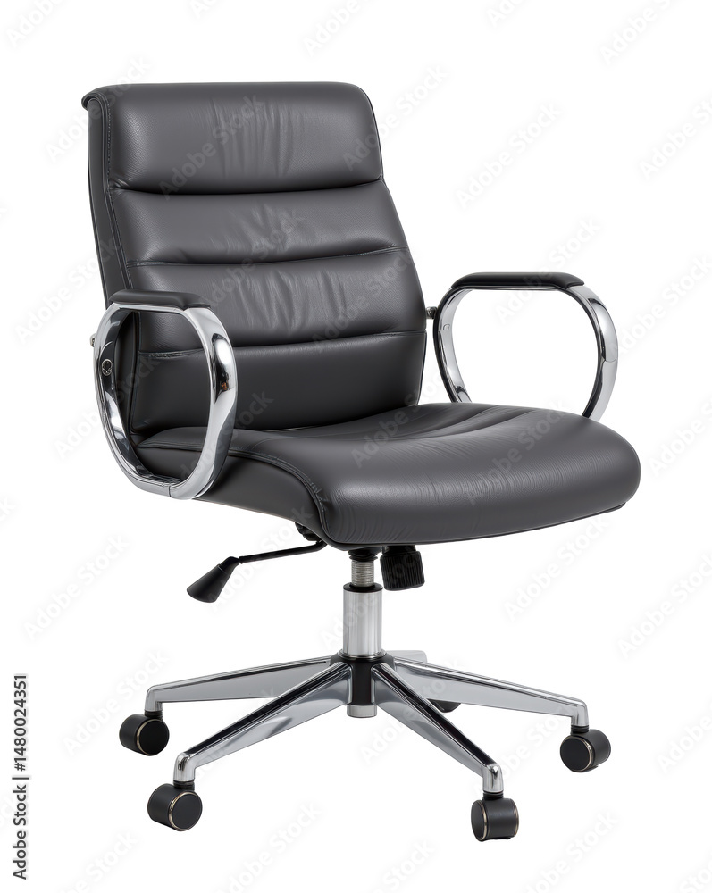Modern anthracite gray leather office chair with chrome armrests and wheels for comfortable seating in professional environment Modern anthracite gray leather office chair with chrome armrests and wheels for comfortable seating in professional environment